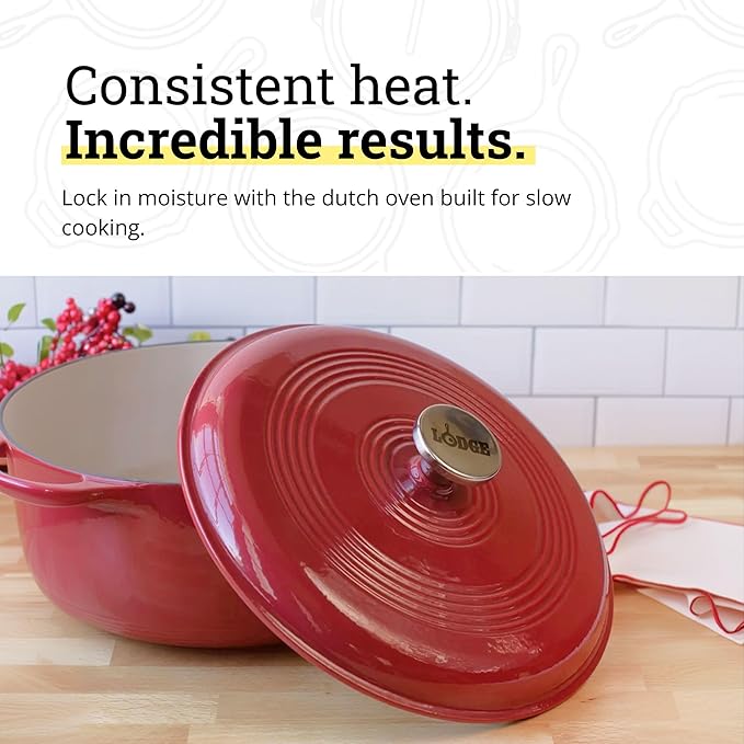 Lodge Essential Enamel Cast Iron Dutch Oven - Perfect for Bread Baking, Braising, Marinating & Slow Cooking - Features Moisture-Sealing Lid & Dual Handles - Kitchen Essentials - 6 Quarts - Cranberry