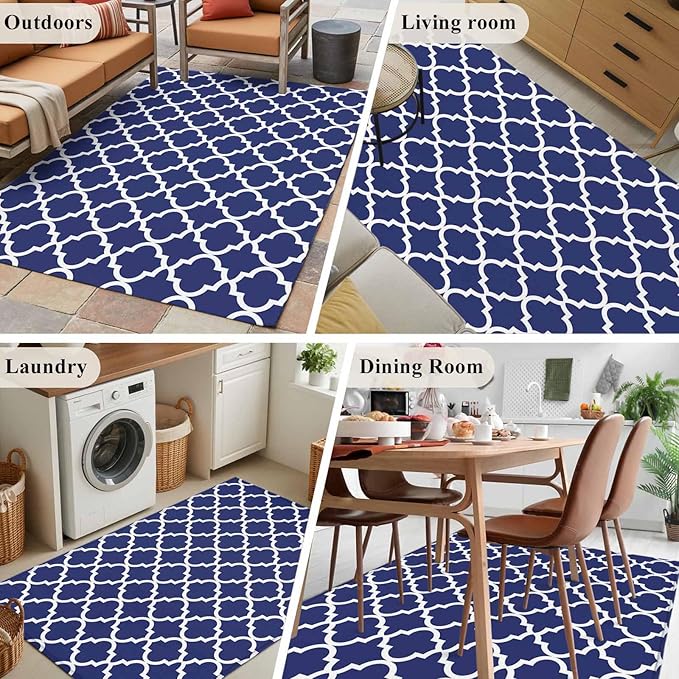 Area Rug 4x6ft, Navy Blue Moroccan Plaid Washable Rugs for Living Room Bedroom, White Line Buffalo Lattice Soft Non-Slip Area Rugs Rectangle Floor Carpet for Dining Room