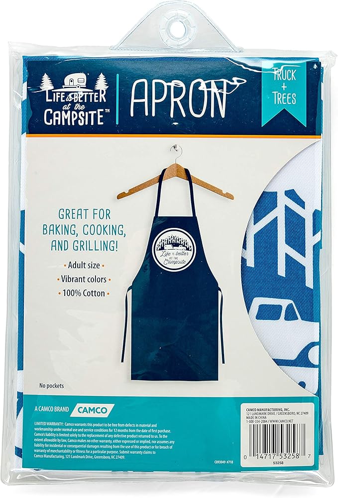 Camco Life is Better at The Campsite Adjustable Apron | Features a Truck and Tree-Themed Design, Made Entirely of Cotton, and is Machine Washable (53258)