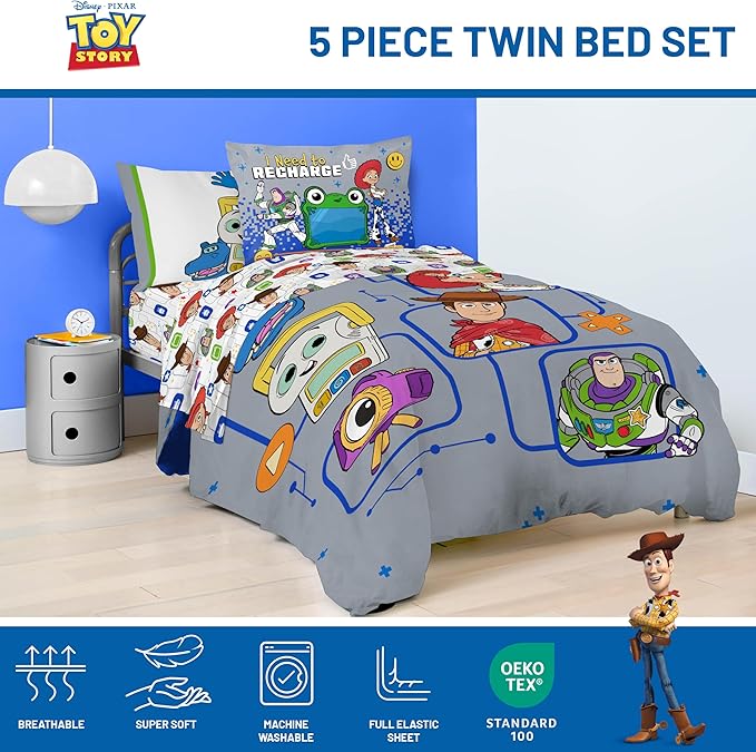 Jay Franco Kids Comforter Set Includes Sheets and Pillow Covers - Soft and Cozy Bed Set for Stylish Room Decor, Official Licensed Bedding, Grey - Toy Story, 5 Piece Twin
