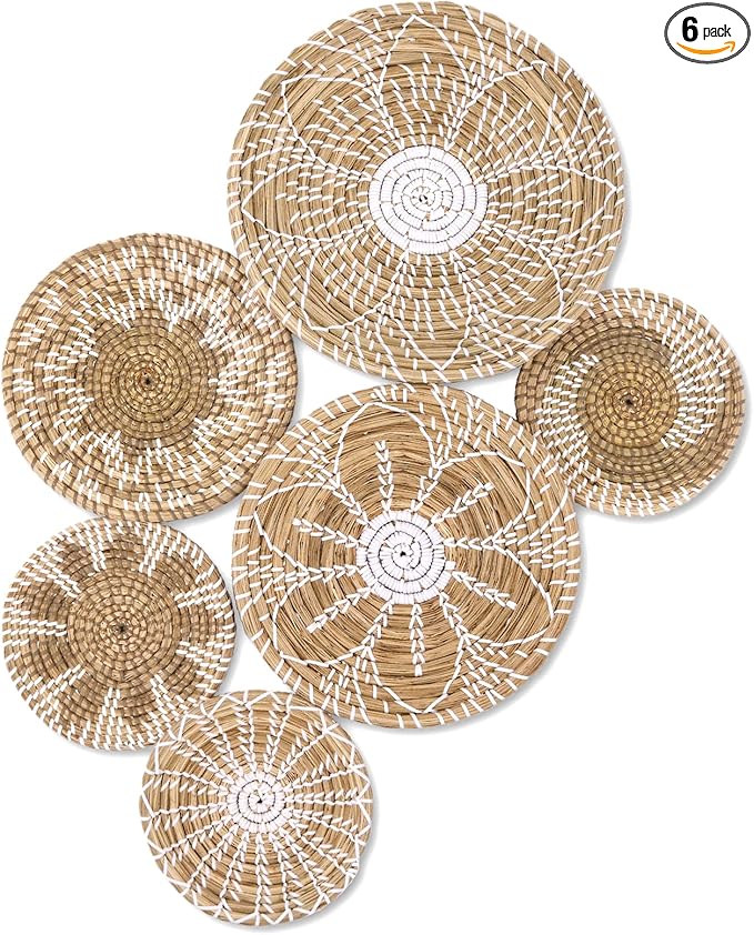 Boho Wall Basket Decor Set of 6 - Hanging Woven Basket Wall Decor, Handcrafted Round Flat Seagrass Baskets Wall Art, for Rustic、Farmhouse、Home - Unique Wicker Wall Basket Decor （White Classic）