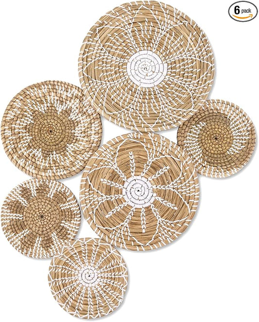 Boho Wall Basket Decor Set of 6 - Hanging Woven Basket Wall Decor, Handcrafted Round Flat Seagrass Baskets Wall Art, for Rustic、Farmhouse、Home - Unique Wicker Wall Basket Decor （White Classic）