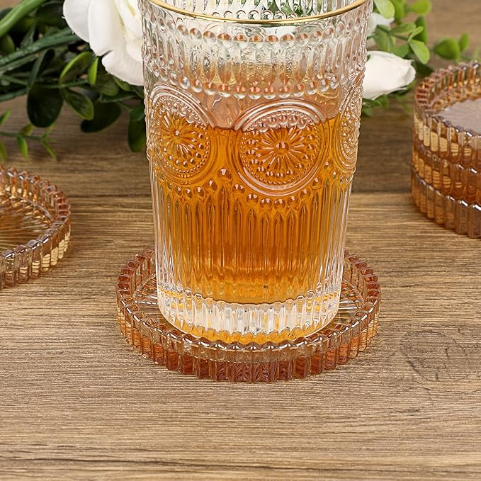 JUXYES 8 Pack Amber Tone Crystal Coasters Round Cup Mat, Glass Coasters for Drinks Coffee Tea Wine, Decorative Wine Bottle Coaster, Crystal Drink Coasters for Restaurant bar Kitchen Dining Table