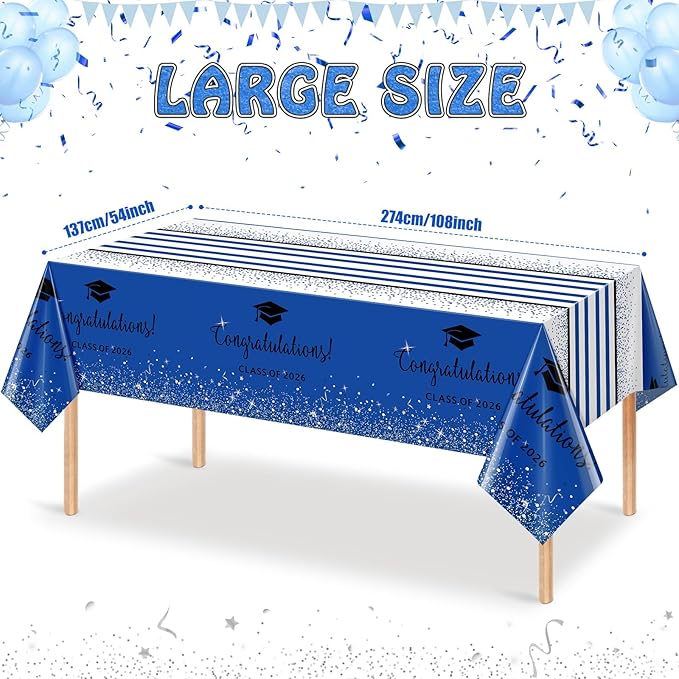 12 Pack Class of 2026 Graduation Tablecloths,Foil Dot Plastic Disposable Rectangle Table Covers for 2026 High School University College Graduation Party Decorations,108*54 Inch (Blue and Black)
