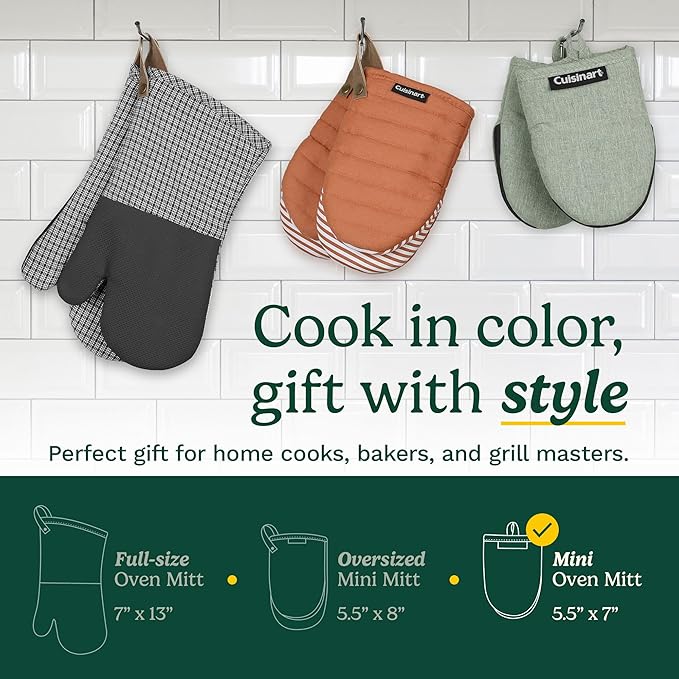 Cuisinart Heritage Mini Oven Mitts – 5.5” x 7” Heat-Resistant Kitchen Mitts for Oven with Non-Slip Neoprene Palm, Cotton Filling, and Faux Leather Loop – Durable Oven Mitt Set for Cooking & Baking