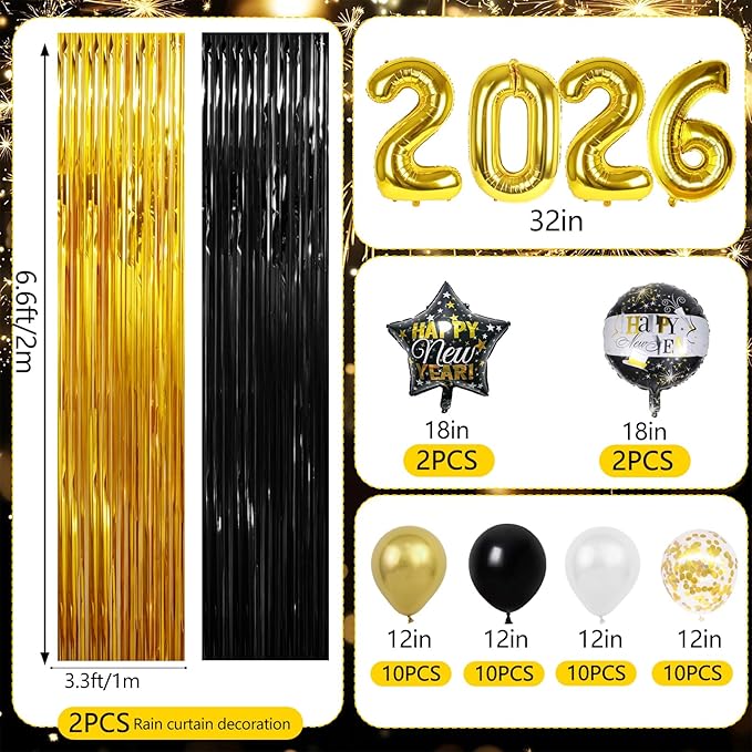 New Years Eve Party Supplies 2026, Black Gold Happy New Years Decorations Set Happy New Year Banner Hats Glasses Blowouts Curtains Latex Balloons 2026 Numbers Balloons for NYE Celebration