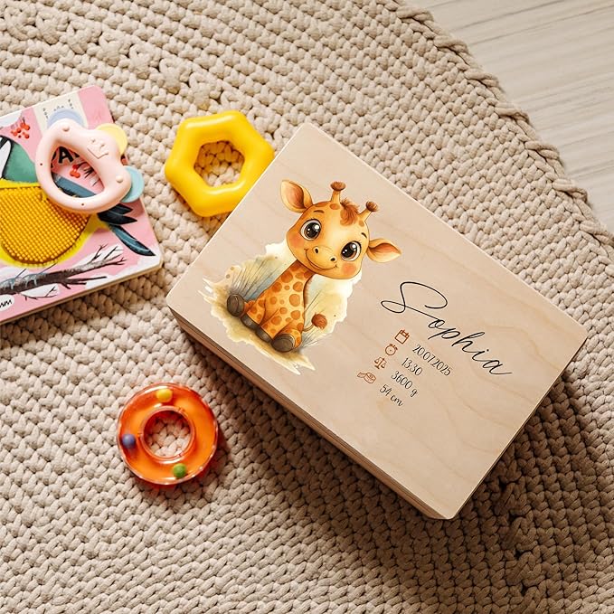 Creative Deco Personalized Wooden Baby Memory Box Storage Box - Wild Animals | 11.8x7.87x5.51in (+-0.5) | Hinged Lid Handle Engraving | Unpainted Gift Box ROUGH UNSANDED Keepsake Memory Souvenir Chest