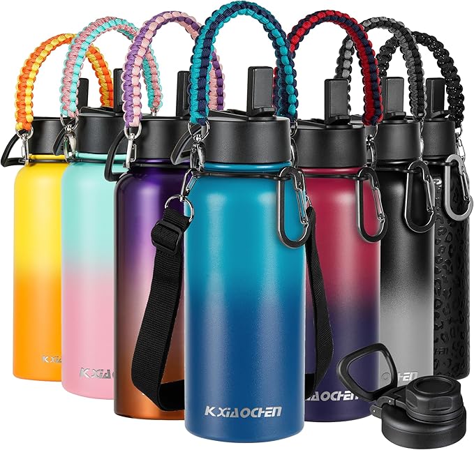 KXIAOCHEN Insulated Water Bottle, Stainless Steel Water Bottle, 2 Lids (Straw and Handle Lid),Wide Mouth Metal Water Bottles Keep Hot and Cold, Double Walled, Thermo Mug, Metal Canteen