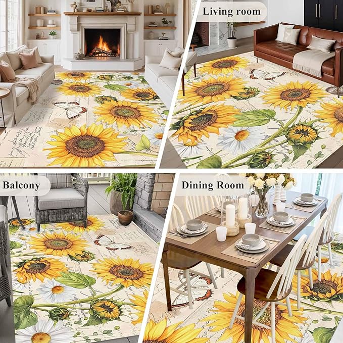Sunflower Farmhouse 5x8 Area Rugs, Retro Floral Butterflies Non-Skid Rubber Backing Large Rectangle Rugs - Living Room Bedroom Home Office, Spring Summer Indoor Floor Mat Carpets Washable Rug