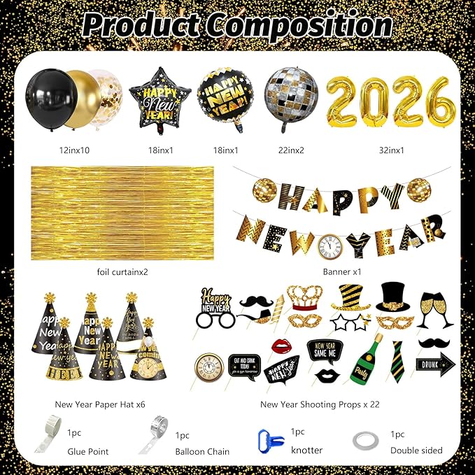 MEHOFOND Happy New Year Party Decoration Supplies 2026 Banner Fringe Curtains, Foil Balloon, Photo Booth Props, Hats, New Years Eve Black and Gold for Kids Adults Photography Kit
