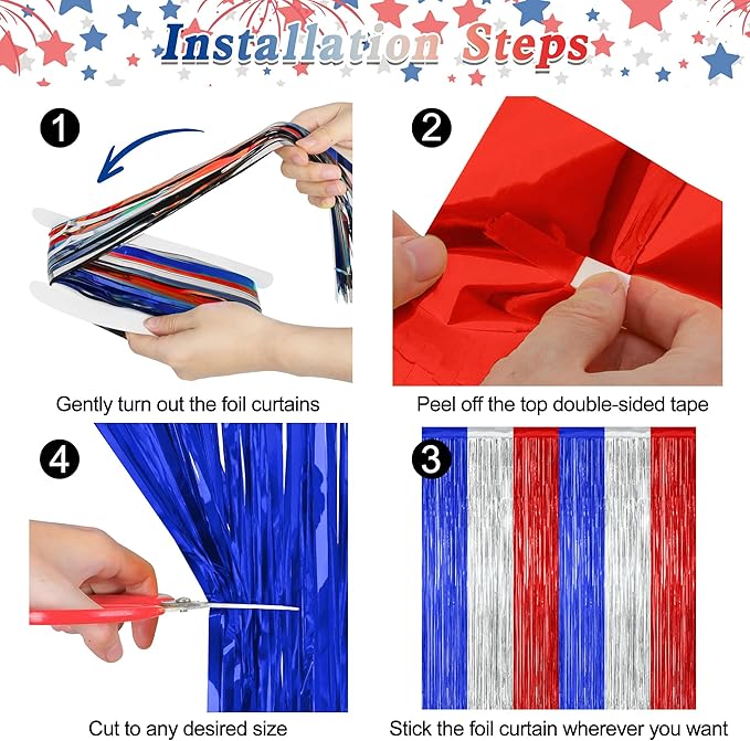 2 Pack 4th of July Decorations, 3.28 FT x 7.05 FT 250 Anniversary Tinsel Backdrop, Red Silver Blue Fringe Curtains Streamer Backdrop, Independence Day Photo Backdrop Party Supplies