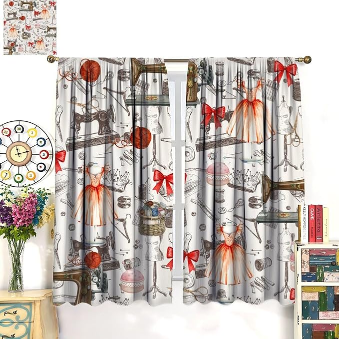 Sewing Machine Blackout Curtain,Vintage Retro Dress Bowknot Pattern Girls Women Window Curtains Dining Room Living Room Kitchen Cafe Bedroom Office Drapes,72x63 in