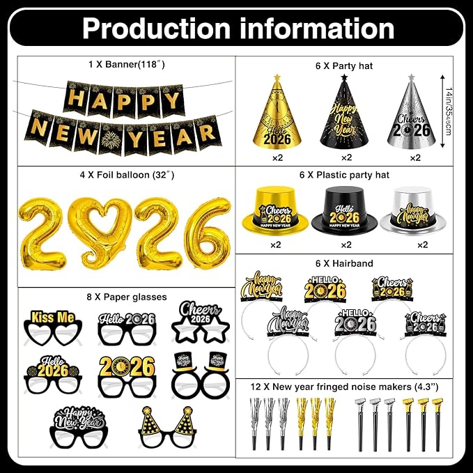 New Years Eve Party Supplies 2026 - 40PCS Happy New Years Decorations for 12 Guests Includes Banner,Gold 2026 Balloon,Hats,Tiaras and Squawkers for Nye 2026 Celebrations