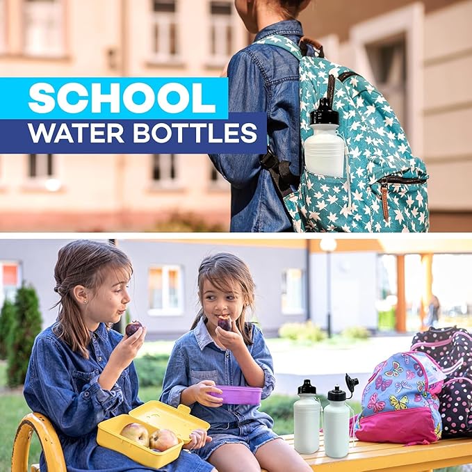 4E's Novelty Sports Water Bottles Bulk (22 Pack) 18 oz Squeeze Reusable Plastic White Water Bottle, BPA Free, School Kids Water Bottles, Party Favor, End of Year Student Gifts from Teacher