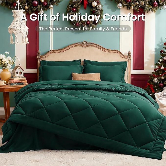 Love's cabin Queen Comforter Set Dark Green, 7 Pieces Queen Bed in a Bag, All Season Bedding Sets with 1 Comforter, 1 Flat Sheet, 1 Fitted Sheet, 2 Pillowcase and 2 Pillow Sham | Soft, Breathable, Lightweight, Comfortable