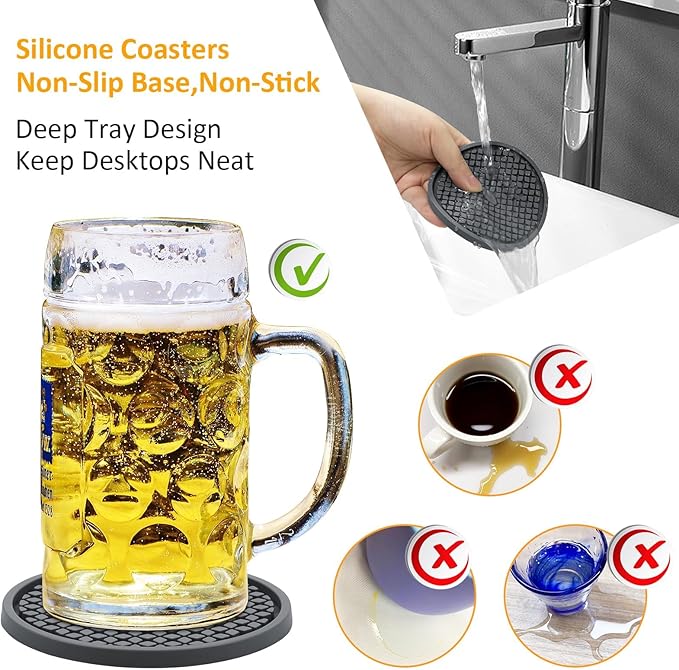 Silicone Coasters for Drinks, Non‑Slip Spill‑Proof Heat Resistant Coasters Set of 4, Reusable Washable Table Protection for Home Decor Kitchen Office, Bar(4Pack,Gray)