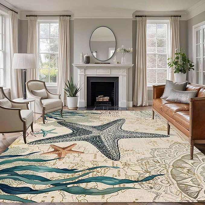 Area Rug 8x10ft, Nautical Starfish Teal Seaweed Starfish Washable Rugs for Living Room Bedroom, Marine Life Soft Non-Slip Area Rugs Rectangle Floor Carpet for Dining Room