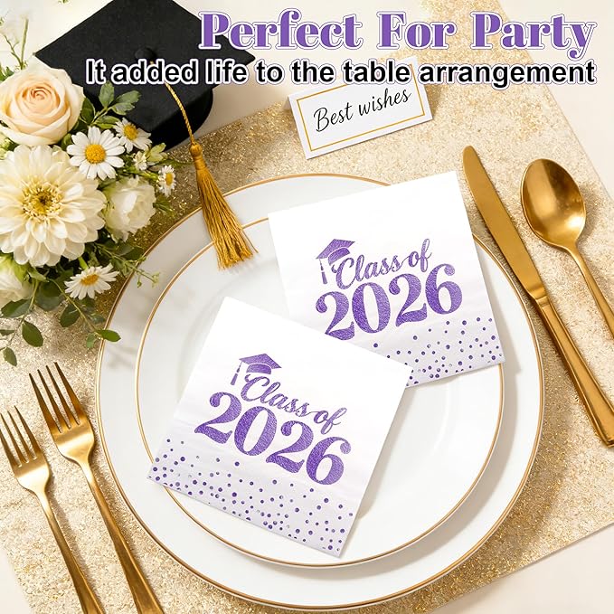 Graduation Napkins Class of 2026 Napkins Disposable Paper Napkins Congrats Grad Cocktail Napkins Graduation Decorations 2026 Purple Napkins Hand Towels for College Graduation Party Decorations 50 Pcs