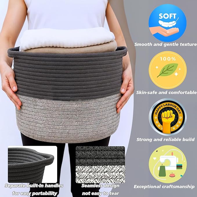 Woven Storage Basket, Cotton Rope Closet Organizers Bins for Clothes Blanket Towels, Stylish Gift Baskets with Handles, 13.4 x 9.3 x 9.5 in, Grey and Dark Gray (Pack of 1)