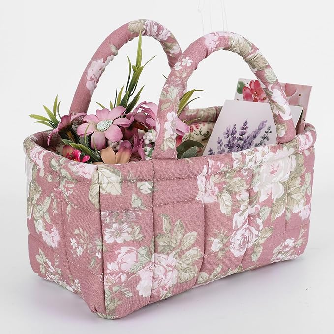 Quilted Fabric Storage Basket Floral Baby Diaper Caddy Quilted Basket for Nursery Bedroom Car Storage