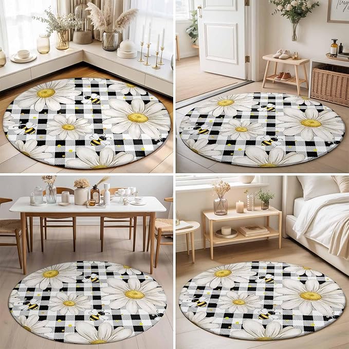 Washable Round Area Rug Farmhouse Blossom Flower Bee Circle Rugs Floor Carpet for Living Room Bedroom, Spring Daisy Black White Plaid Soft Non Slip Round Rug 5ft