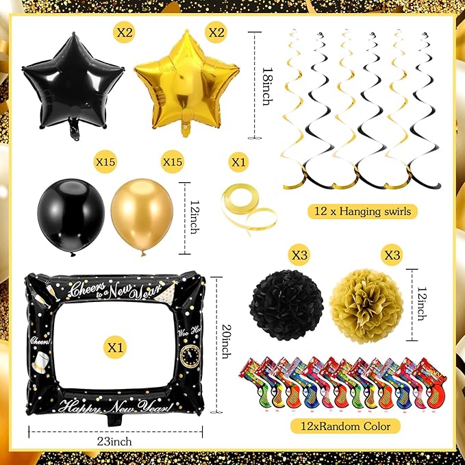 Realspring 106pcs Happy New Year Party Supplies Plastic New Year's Eve Glasses Headbands Blowouts Inflatable Fireworks Gun Balloons Foil Backdrop Hanging Swirls for 2026 Party Decor Photo Prop