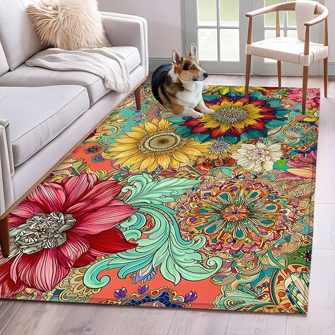 Area Rug 4x6ft, Boho Colorful Blossom Flower Washable Rugs for Living Room Bedroom, Country Retro Ethnic Floral Soft Non-Slip Area Rugs Rectangle Floor Carpet for Dining Room