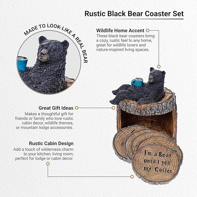 Pine Ridge Black Bear Coasters- Coaster Set for Kitchen, Den, Living Room Or Cabin for Drinks
