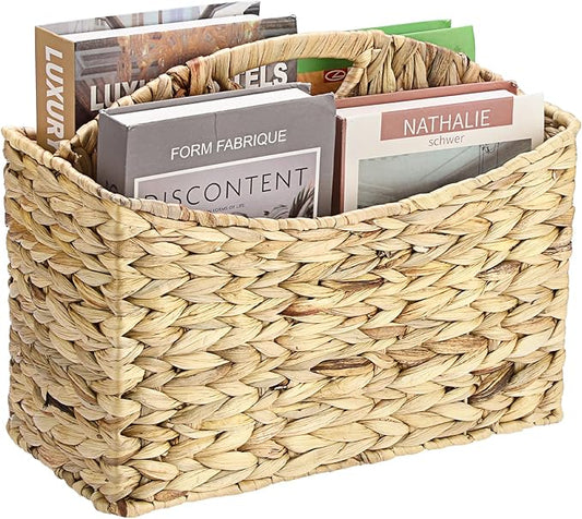 BTSKY Woven Magazine Holder, 2-Section Water Hyacinth Magazine Basket, Natural Storage Basket Bin for Books & Files, Bathroom Magazine Rack with Built-in-Handle for Home, Office & Desk