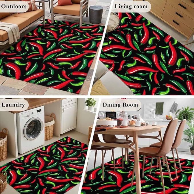 Area Rug 4x6ft, Spicy Chili Pepper Pattern Washable Rugs for Living Room Bedroom, Red Green Peppers on Black Soft Non-Slip Area Rugs Rectangle Floor Carpet for Dining Room