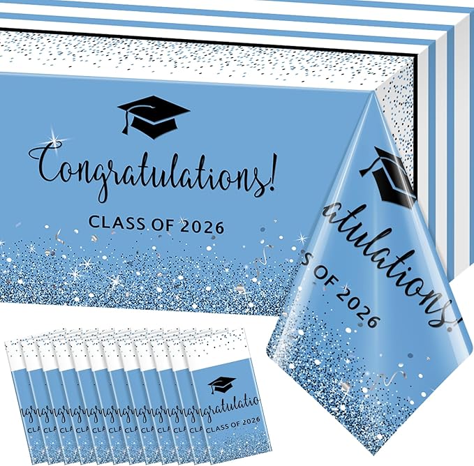MASHAN 12 Pack Class of 2026 Graduation Tablecloths,Foil Dot Plastic Disposable Rectangle Table Covers for 2026 High School University College Graduation Party Decorations,108 * 54 Inch (Light Blue)