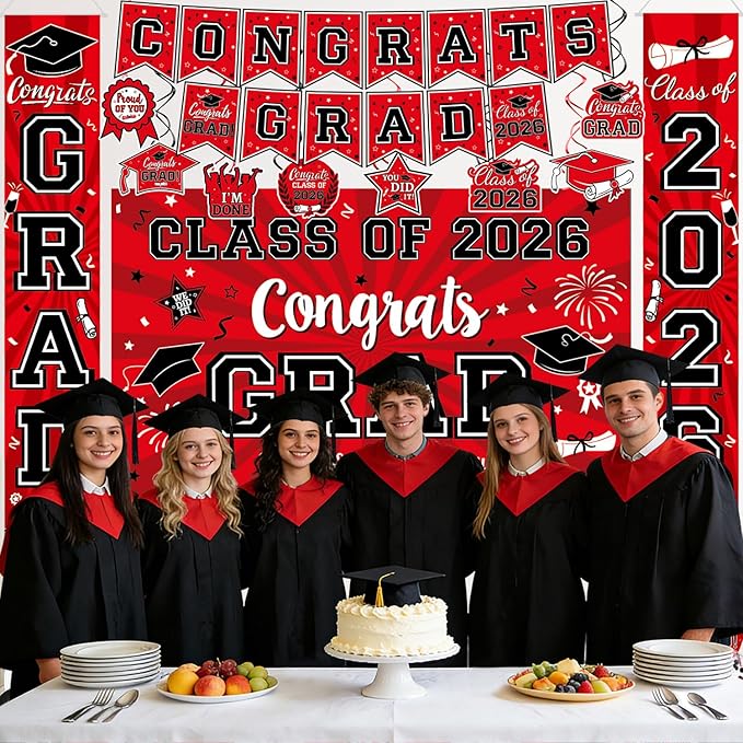 Graduation Decorations Class of 2026 - Red Graduation Party Supplies with Congrats Grad Backdrop & Banner, Hanging Swirls, Porch Sign, Balloons for High School & College Celebrations