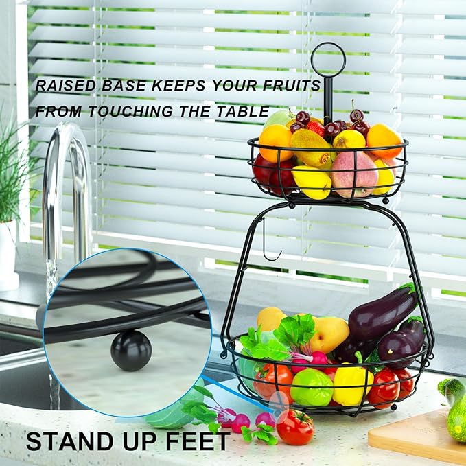House Warming Gifts New Home, Fruit Basket for Kitchen Counter, 2 Tier Countertop Fruit Bowl Vegetable Baskets with Banana Hanger, Storage Basket for Snack, Home Decor, Kitchen Appliances