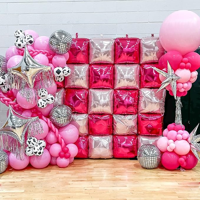 Hot Pink Square Foil Balloon Wall,25Pcs Double Sided Balloons Backdrop Foil Balloon Tunnel Arch Garland Kit for Valentine's Day Birthday Bridal Anniversary Baby Shower Party Decorations