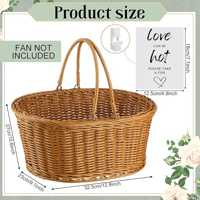 AceOrbit Wedding Fans Storage Basket with Handle " Love Can Be Hot Please Take a Fan" Table Sign Handwoven Natural Wicker Rattan Storage Basket for Organizing Bridal Shower Wedding Fans for Guests