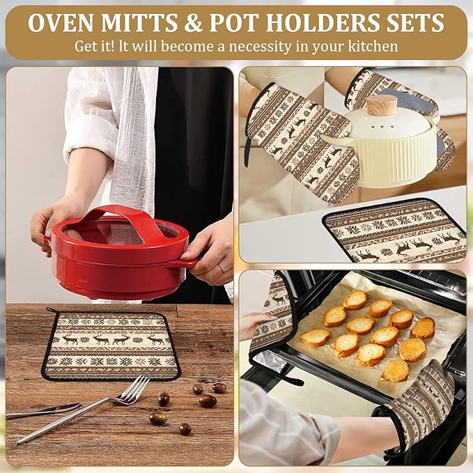 Brown Rustic Deer Oven Mitts and Pot Holders Sets 4Pcs Wild Animal Silicone Kitchen Gloves Heat Resistant Potholders for Baking Cooking Grilling BBQ