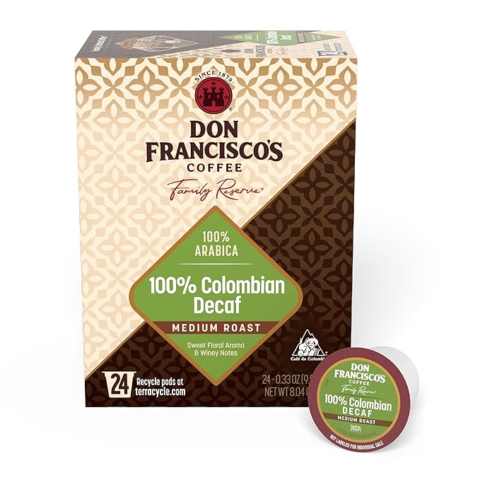 Don Francisco's Decaf 100% Colombia Coffee Pods, 24 Count, Medium Roast, Compatible with Keurig Brewers