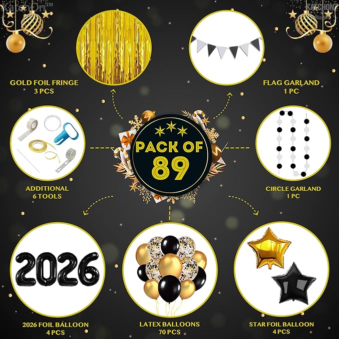 KatchOn, New Years Decorations 2026 Set - Huge, Pack of 85 | Black Gold Stars Balloon, Gold Fringe Curtain Backdrop, 2026 Balloons | New Years Eve Party Supplies 2026, Next Years Birthday Party Decor
