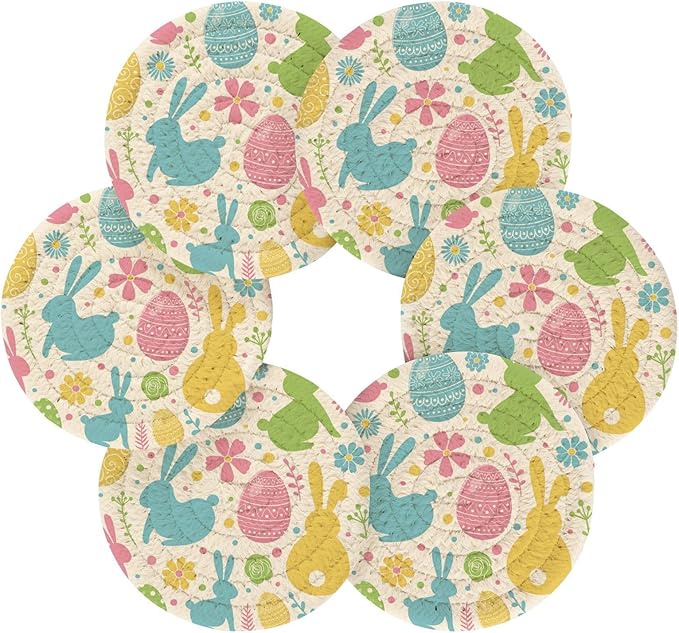 YETTASBIN Easter Bunny Eggs 6 Pcs Drink Coasters with Holder, Cotton Woven Absorbent Heat-Resistant Round Coaster Non-Slip Table Mat for Kitchen Bar Home Decor Housewarming Gift, 3.9 in