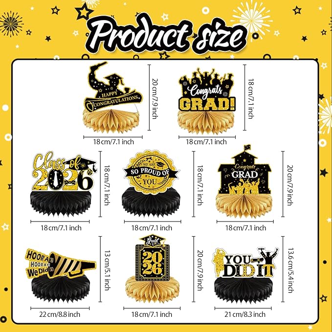 2026 Graduation Party Decorations - 8 Pcs Black Gold Class of 2026 Graduation Party Decor Honeycomb Centerpieces for Tables Congratulate for 2026 Congrats Grad Party Supplies