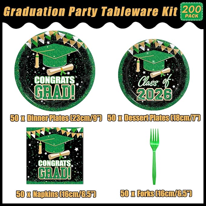 Kepeel 200Pcs 2026 Graduation Party Tableware Set, Green Gold Class of 2026 Party Decorations Supplies for Boys Girls Congratulate Graduation Disposable Paper Napkins Forks Favors, Serve 50