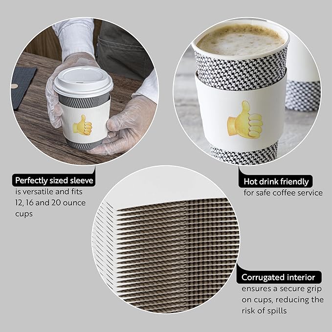 Restaurantware SLEEVES ONLY: Restpresso 5.1 x 2.8 Inch Coffee Cup Sleeves 50 Corrugated Hot Cup Sleeves - Thumbs-Up Emoji Heat-Tolerant White Paper Disposable Coffee Sleeves Secure Grip