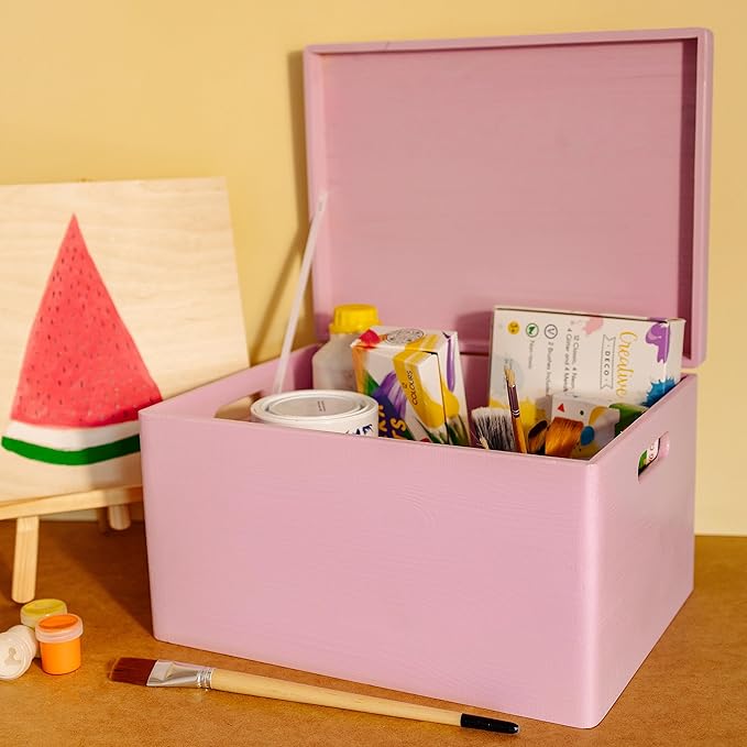 Creative Deco Large Pink Wooden Box Storage with Hinged Lid | 15.8x11.8x9.44in (+-0.5) | Keepsake Gift Box Storage Document | Wood Chest Trunk PRODUCT NOT INTENDED FOR 15 YEARS OR BELOW