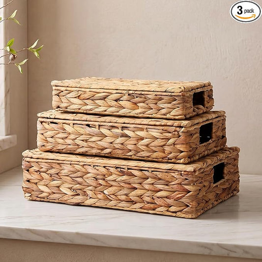3 Pcs Wicker Storage Baskets with Lids 16" 14" 12" Water Hyacinth Pantry Baskets Woven Organizers Decorative Storage Boxes for Organizing Shelves, Bedroom, Living Room(Natural)