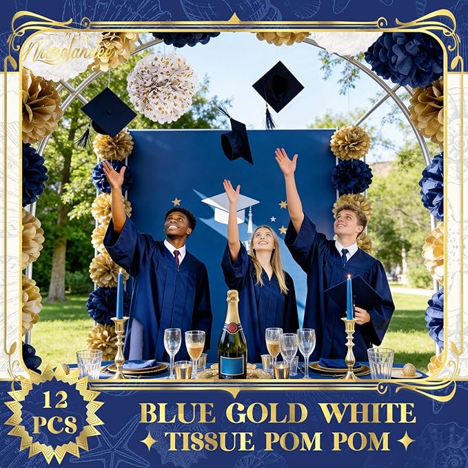 NICROLANDEE Wedding Party Decorations - 12 PCS Navy Blue and Gold Tissue Paper Pom Poms for Colleage Graduation, Baby&Bridal Shower, Birthday, Bachelorette Party, Engagement Party, Anniversary Party