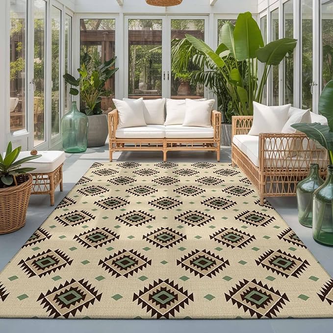 Area Rug 3x5ft, Boho Tribal Diamond Pattern Washable Rugs for Living Room Bedroom, Ethnic Style Art Soft Non-Slip Area Rugs Rectangle Floor Carpet for Dining Room
