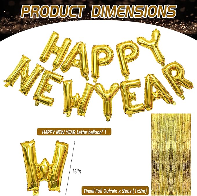 Happy New Year Party Decoration, 2026 Happy New Year Foil Balloon Banner and Metallic Curtains Photography Backdrops Party Decorations for NYE Party Supplies