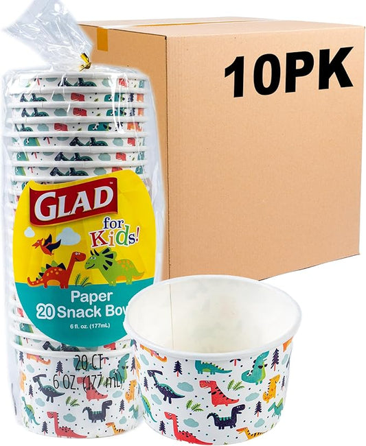 Glad for Kids Mini Dinosaurs Paper Snack Bowls, Colorful Heavy Duty Microwave Safe Disposable Bowls for Soup, Ice Cream, and Snacks, Lids Not Included, Multicolor, Party Pack, 6 Oz, 20 Count - 10 Pack