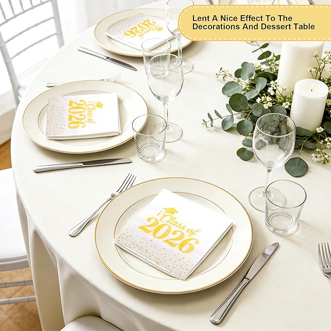 Graduation Napkins, Class of 2026 Napkins Disposable Paper Napkins Congrats Grad Cocktail Napkins Graduation Decorations 2026 Yellow Napkins Hand Towels for College Graduation Party Decorations 50 Pcs