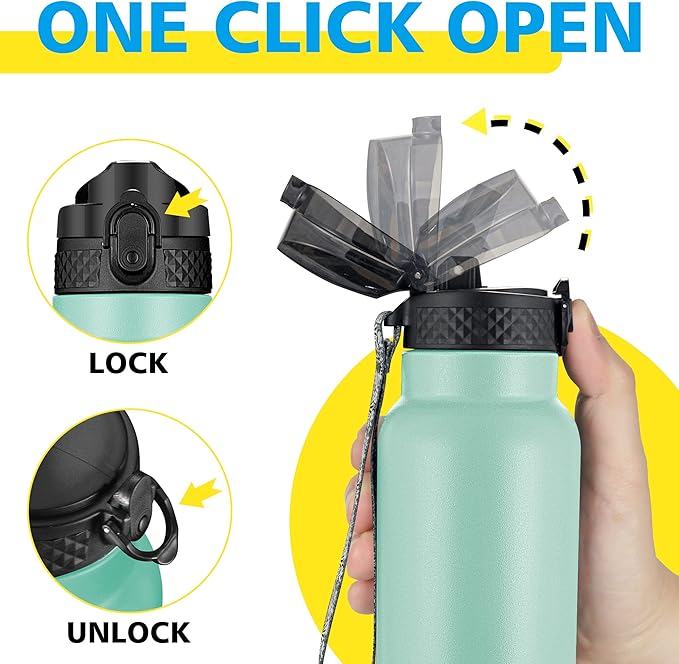 Han's Bottle Sports Water Bottle - 32 Oz, Straw Lid, Leak Proof, Vacuum Insulated Stainless Steel, Double Walled, Thermo Mug,Bubble Gum